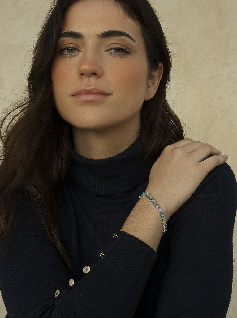 Silver bracelet with rectangular stones in cool tones