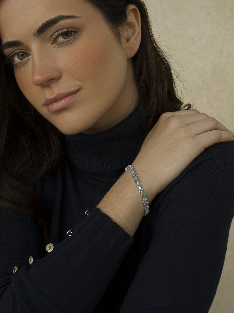 Silver bracelet with rectangular stones in cool tones