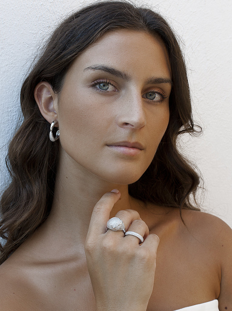 Silver hoop earrings with puffy effect cubic zirconia