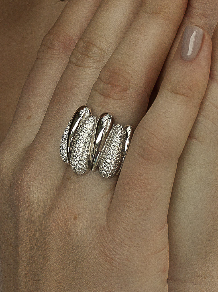 Wide silver ring with puffy effect cubic zirconia