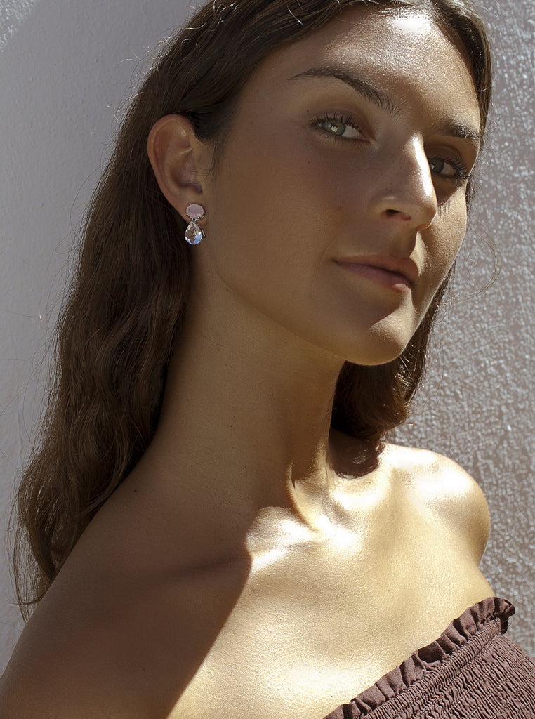 Pendientes bicolor de plata con piedra rosa y lila