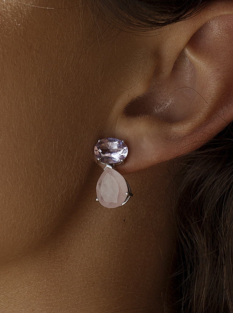 Pendientes de plata bicolor lila y rosa en forma lágrima