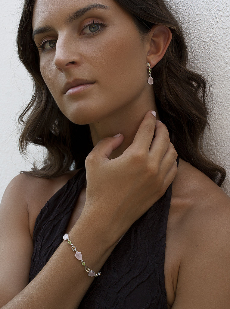 Pulsera multicolor de plata con piedras rosa  verde y champagne