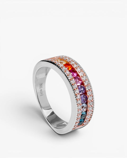anillo ancho de plata con circonitas multicolor