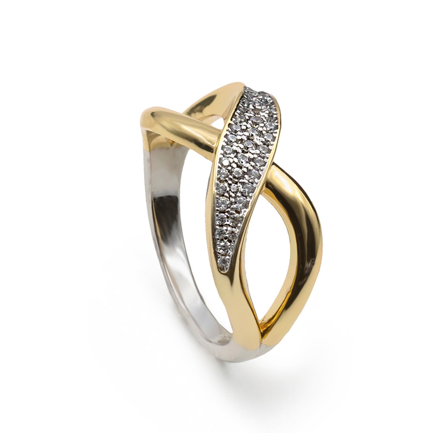 Anillo bicolor de plata con circonitas cruzado