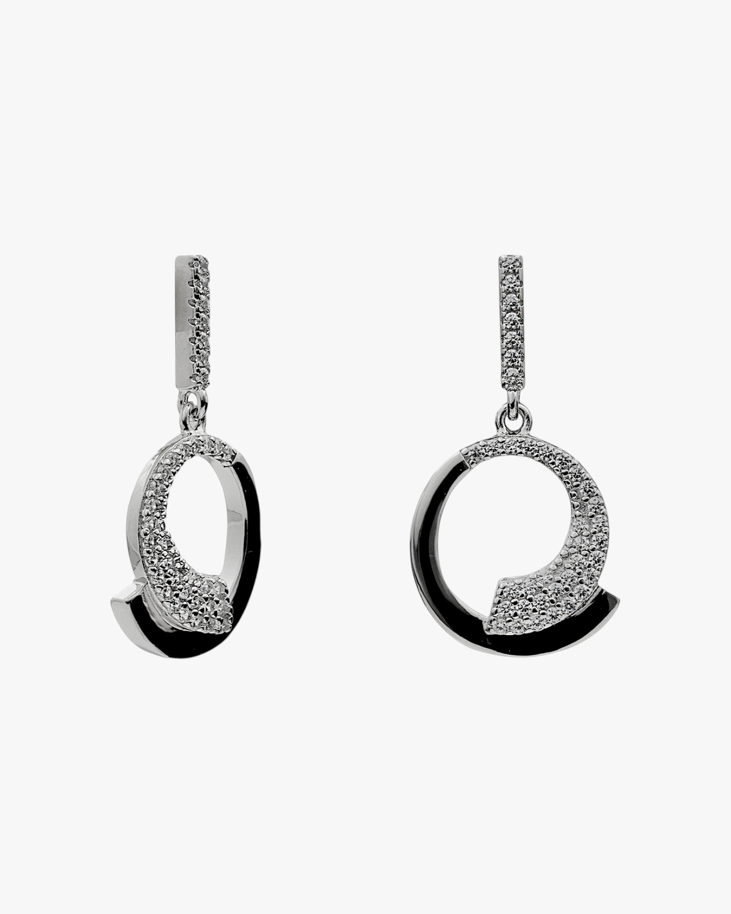 Silver dangle earrings with circular design cubic zirconia