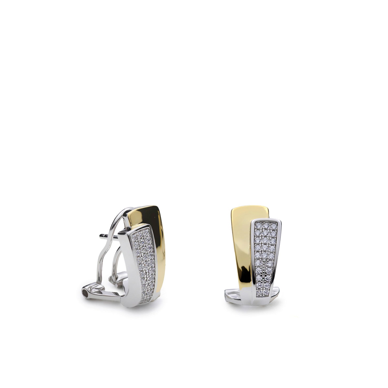 Pendientes omega bicolor de plata con circonitas diseño geometrico