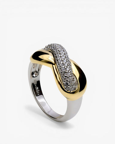 Bague bicolore en argent avec zircon cubique, motif entrelacé