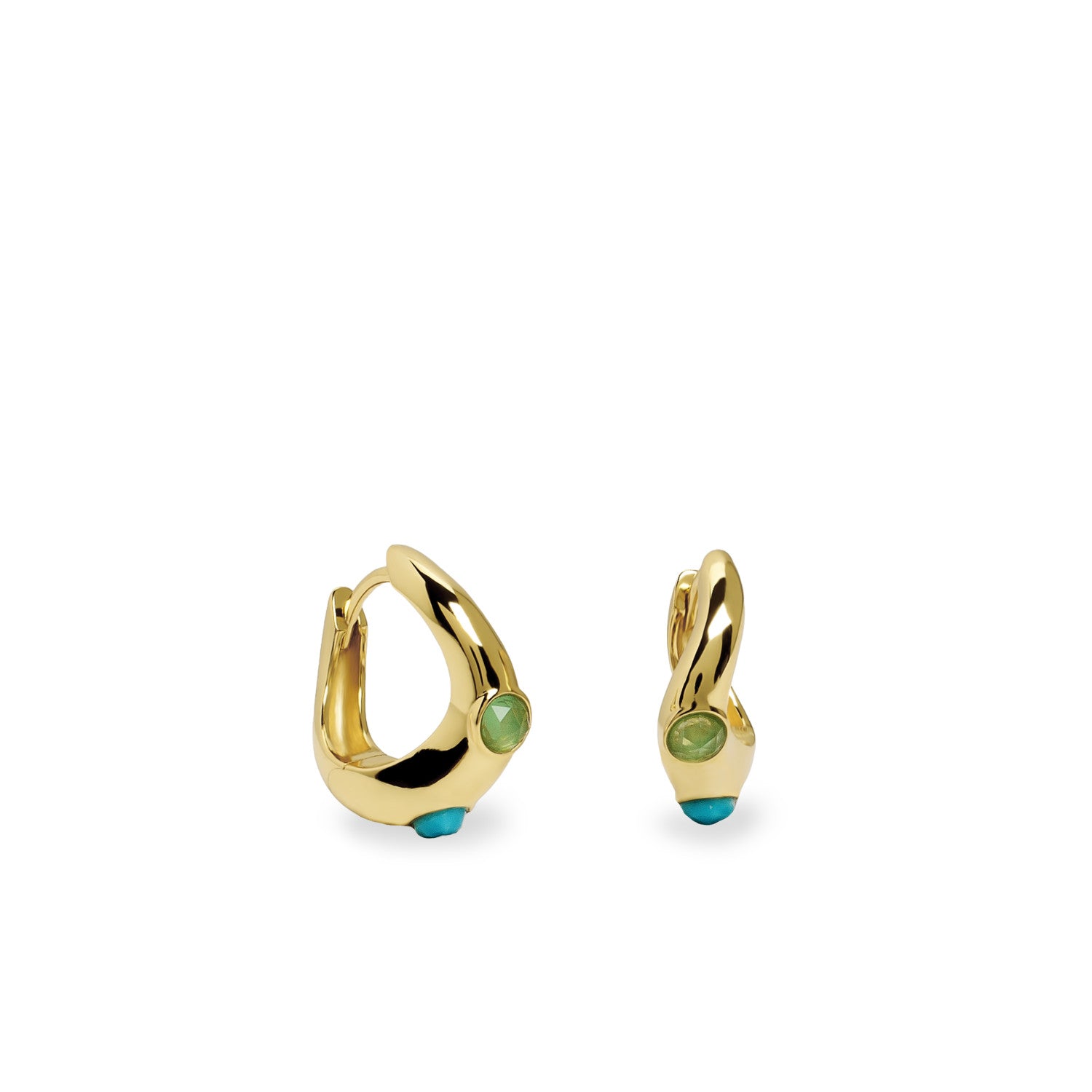 Pendientes de aro de plata bañada en oro con piedras verde y turquesa