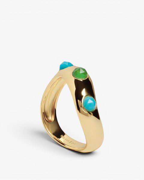 Bague en argent plaqué or avec des pierres turquoises et vertes