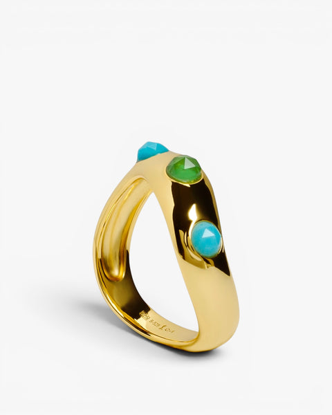 Anillo de plata bañada en oro con piedras turquesa y verde