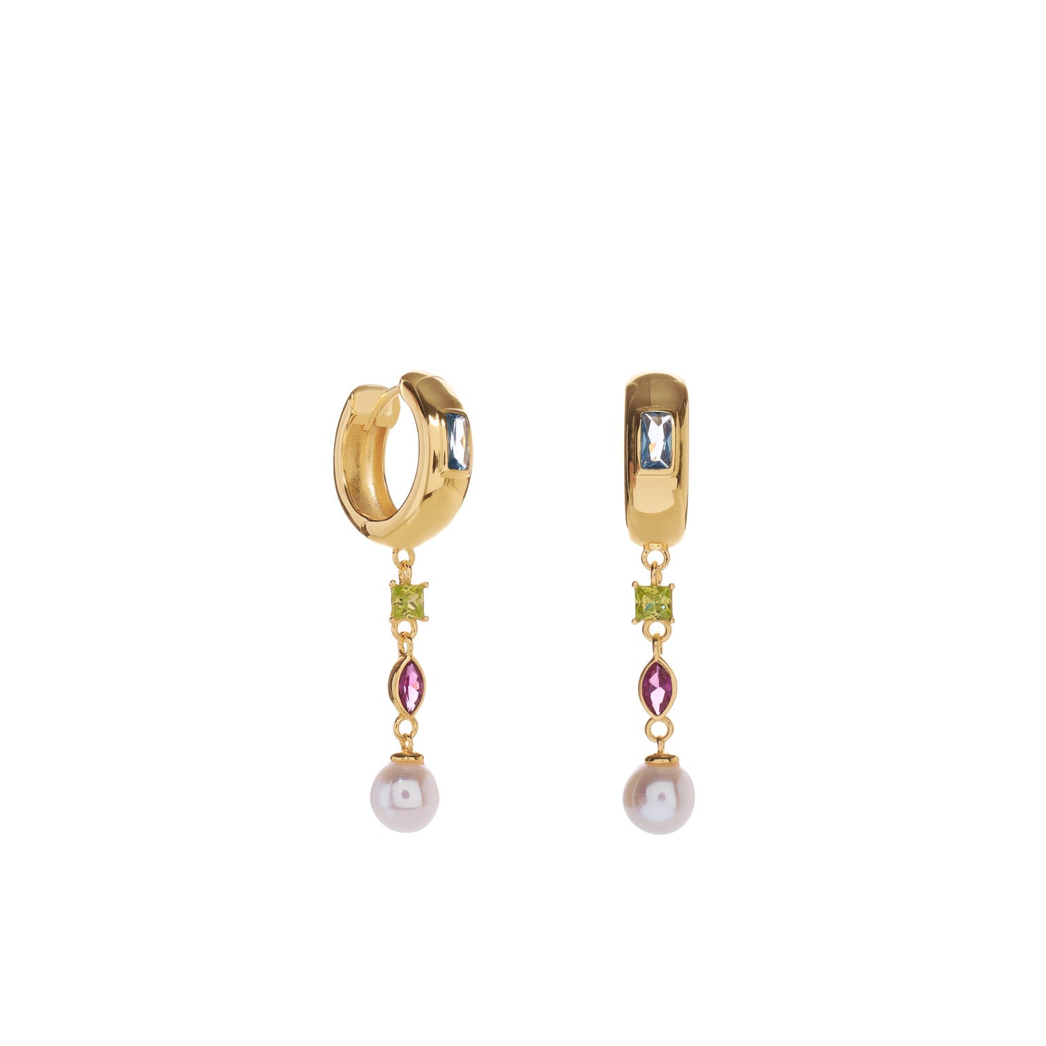 Pendientes de aro en plata de ley con perla y piedras de colores