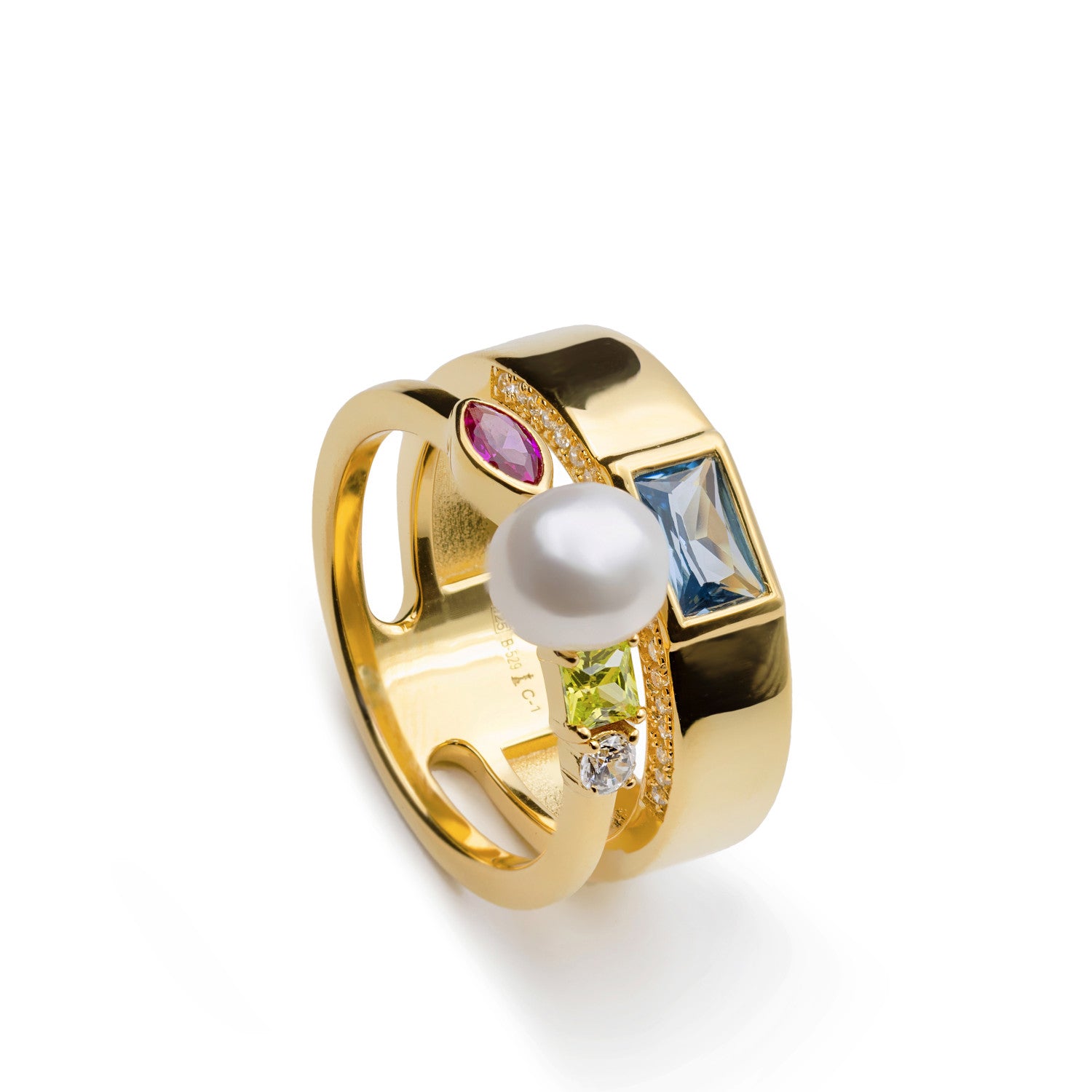 Anillo en plata de ley con perla y piedras multicolor