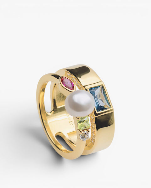 Bague en argent sterling avec perle et pierres multicolores