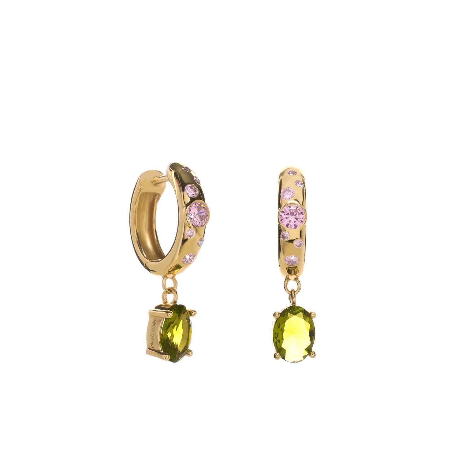 Pendientes aro de plata dorada con piedra verde y circonitas rosas