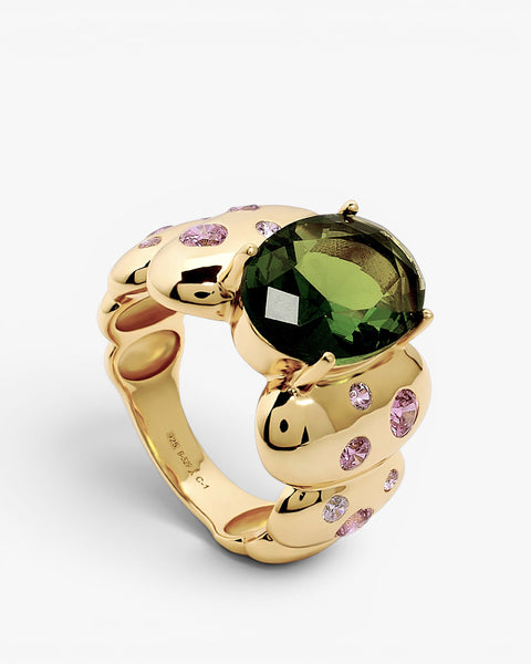 Bague en argent doré avec pierre vert olive et zircons roses