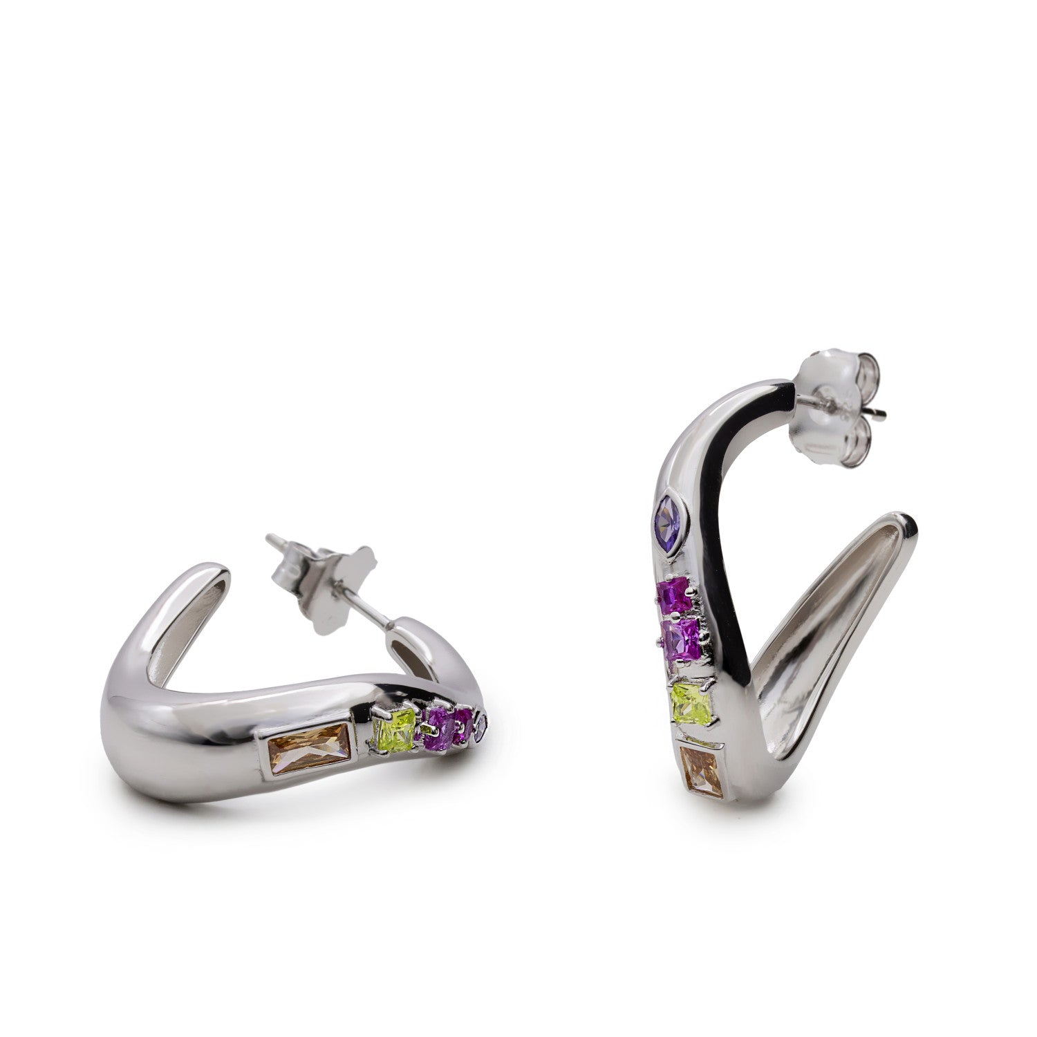 Pendientes de plata con piedras multicolor rosa  verde  ámbar y violeta