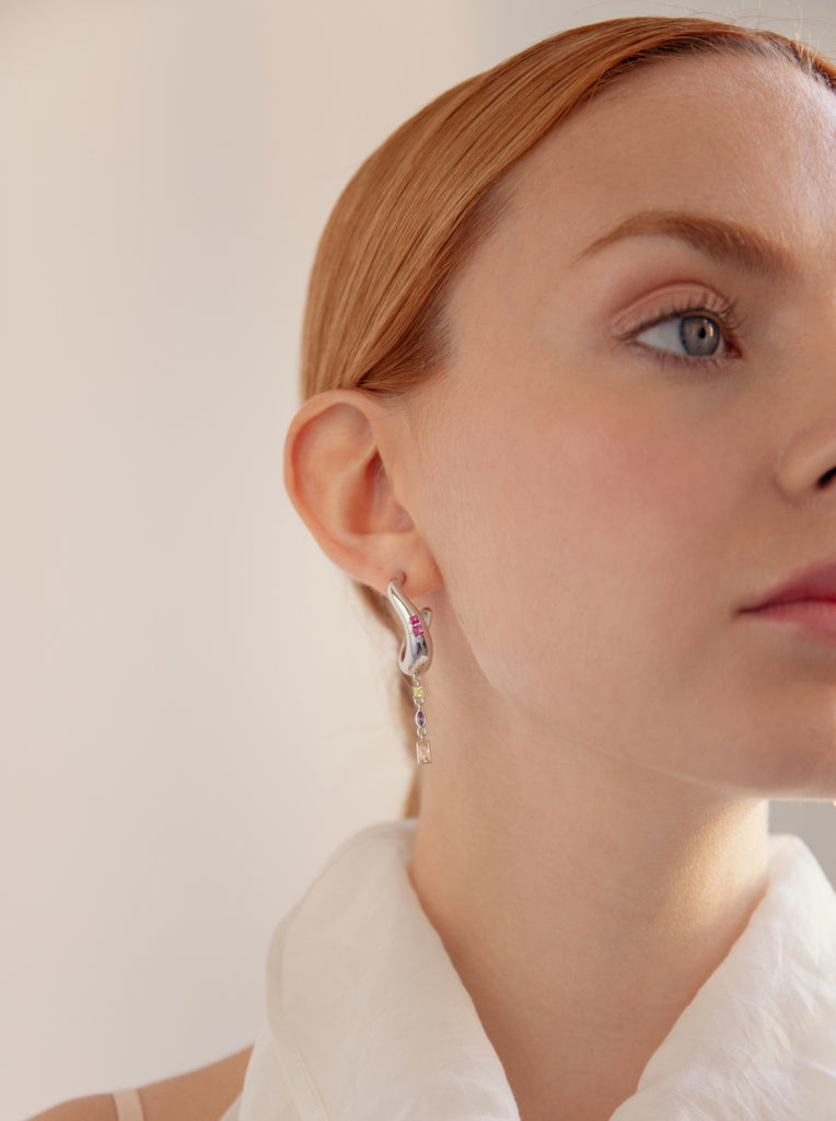Boucles d'oreilles en argent avec pierres multicolores roses, vertes, ambrées et violettes