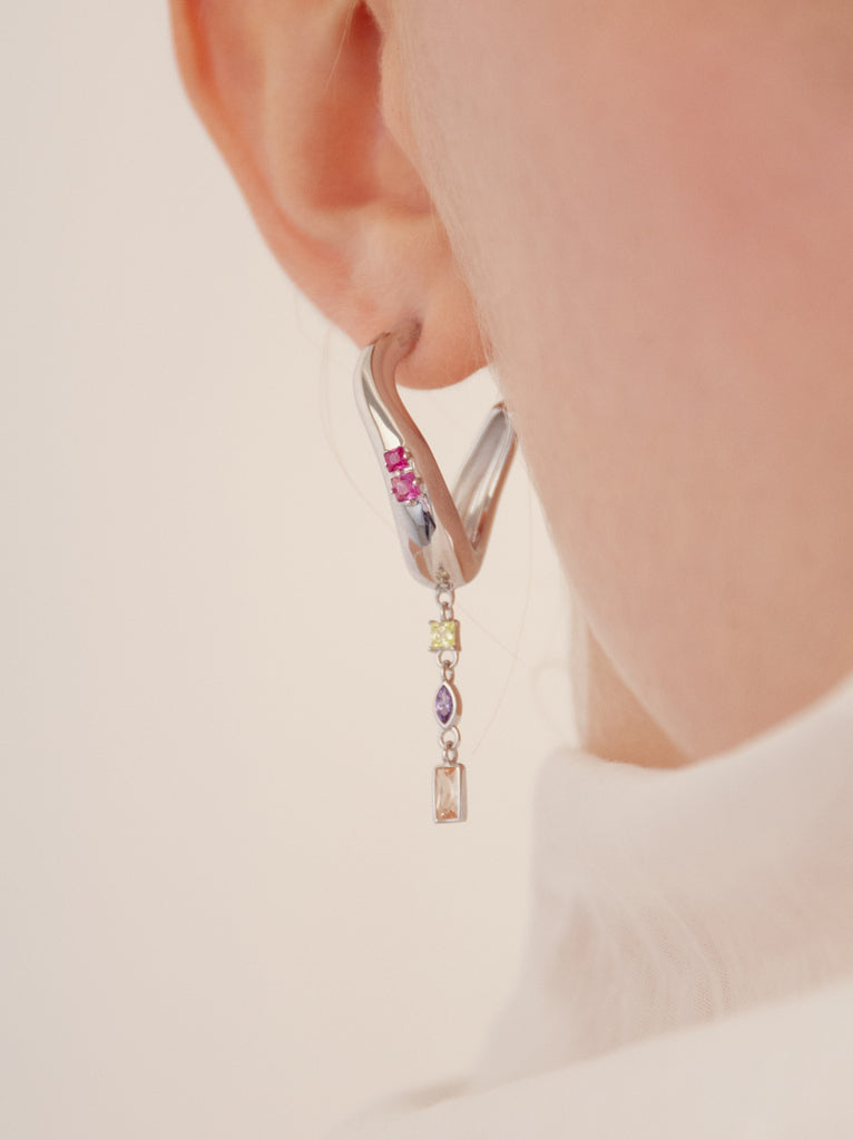 Boucles d'oreilles en argent avec pierres multicolores roses, vertes, ambrées et violettes