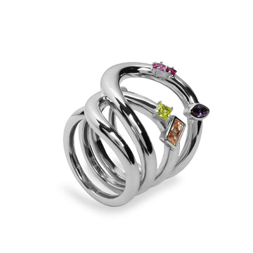 Anillo de plata multiaros con piedras de colores rosa verde ámbar y violeta
