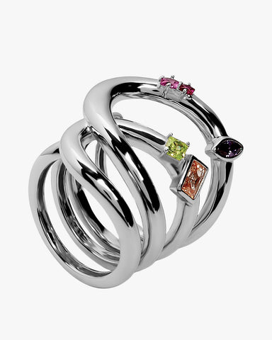 Sterling silver multi-band ring with pink, green, amber, and violet stones