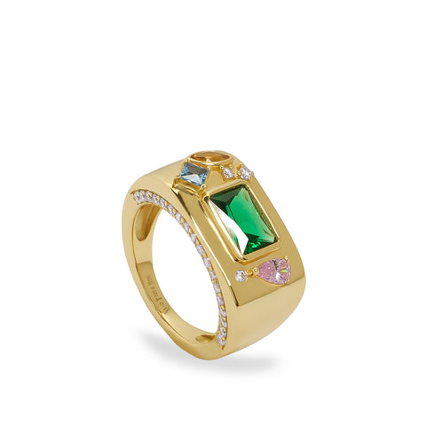 Anillo de plata de ley bañada en oro con piedra verde y piedras de colores