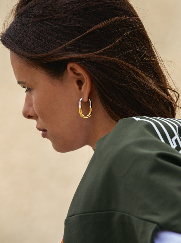 Boucles d'oreilles créoles carrées bicolores argentées