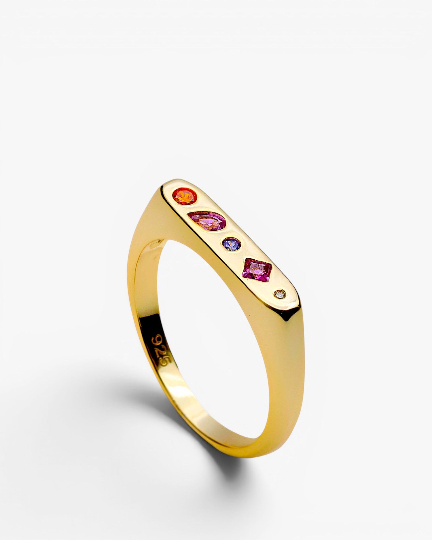 Gold-plated sterling silver ring with inlaid multicolor stones