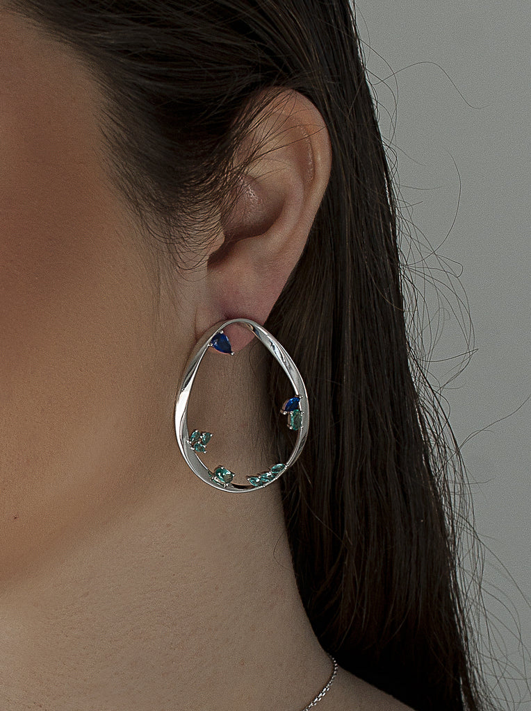 Original large silver earrings with blue-toned gemstones