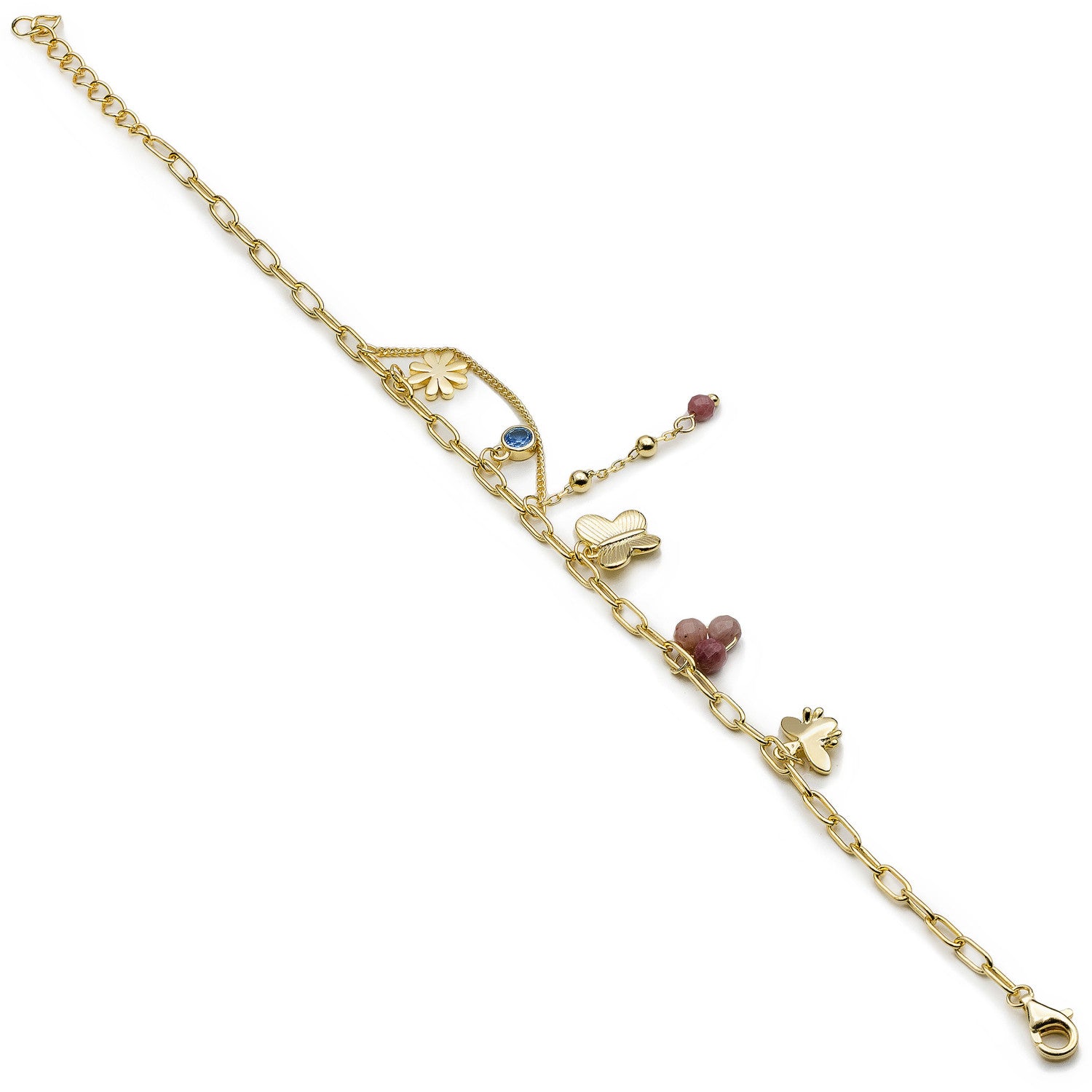 Pulsera de plata 925 con charms y cuentas rosa acabado dorado
