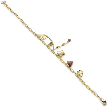 Pulsera de plata 925 con charms y cuentas rosa acabado dorado