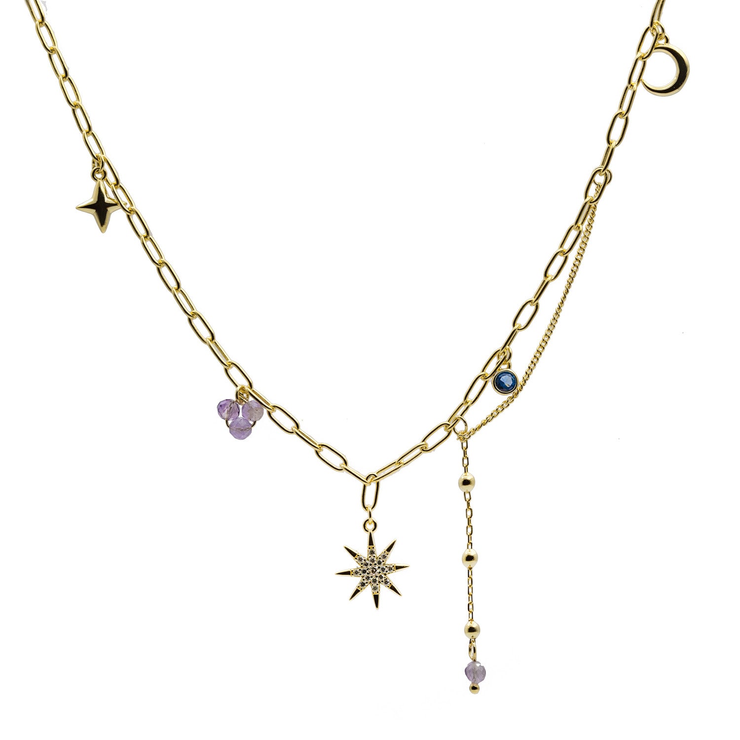 Collar de plata 925 dorada estrella polar con charms y cadena ajustable