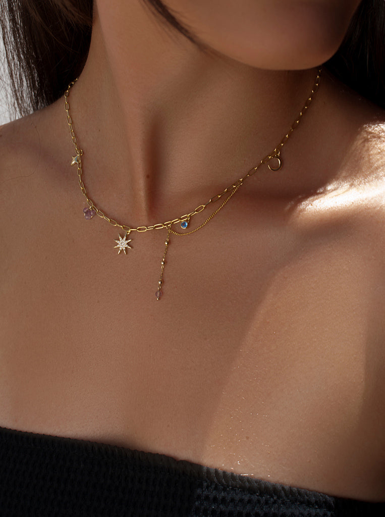 Collar de plata 925 dorada estrella polar con charms y cadena ajustable