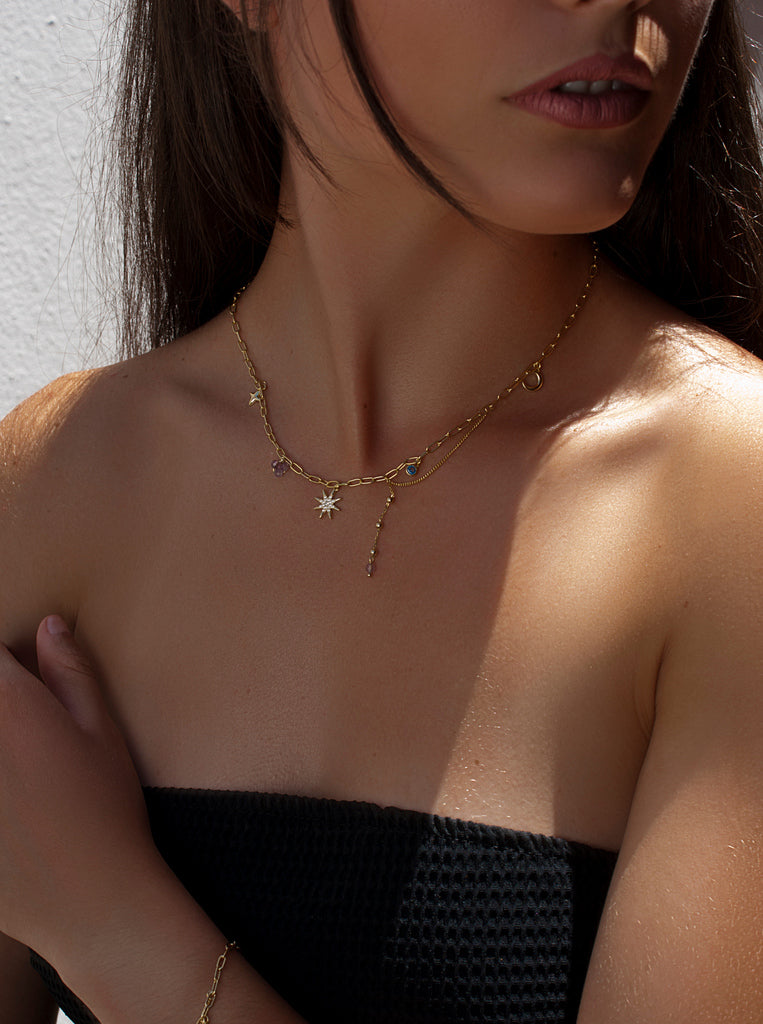 Collar de plata 925 dorada estrella polar con charms y cadena ajustable