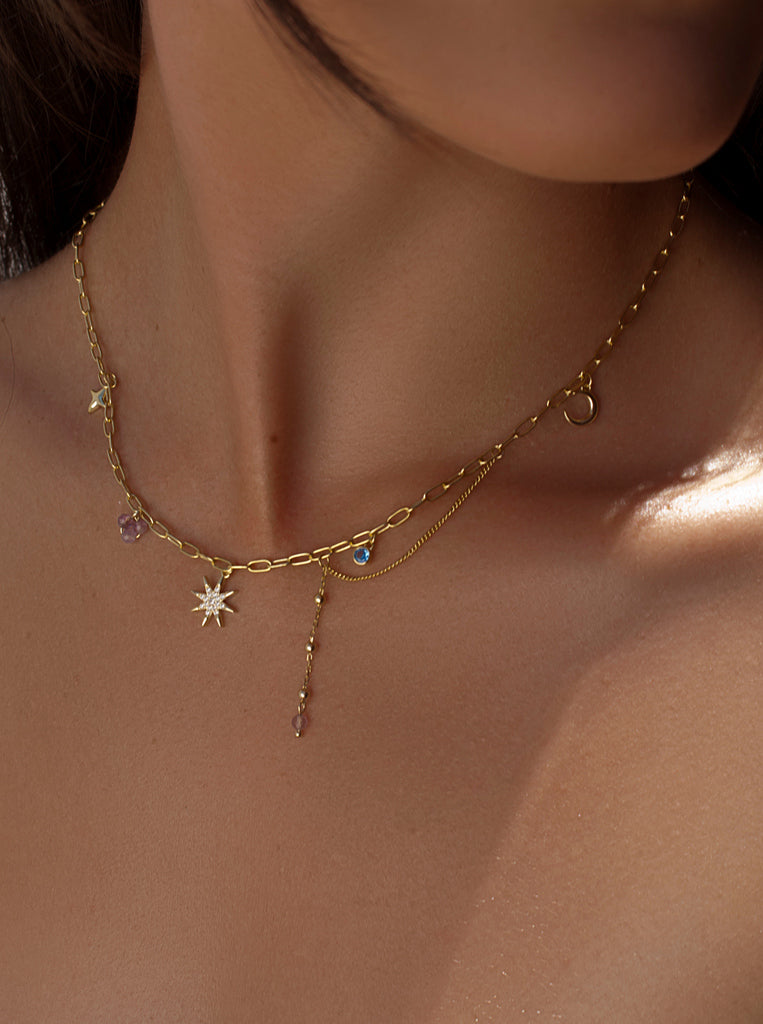 Collar de plata 925 dorada estrella polar con charms y cadena ajustable