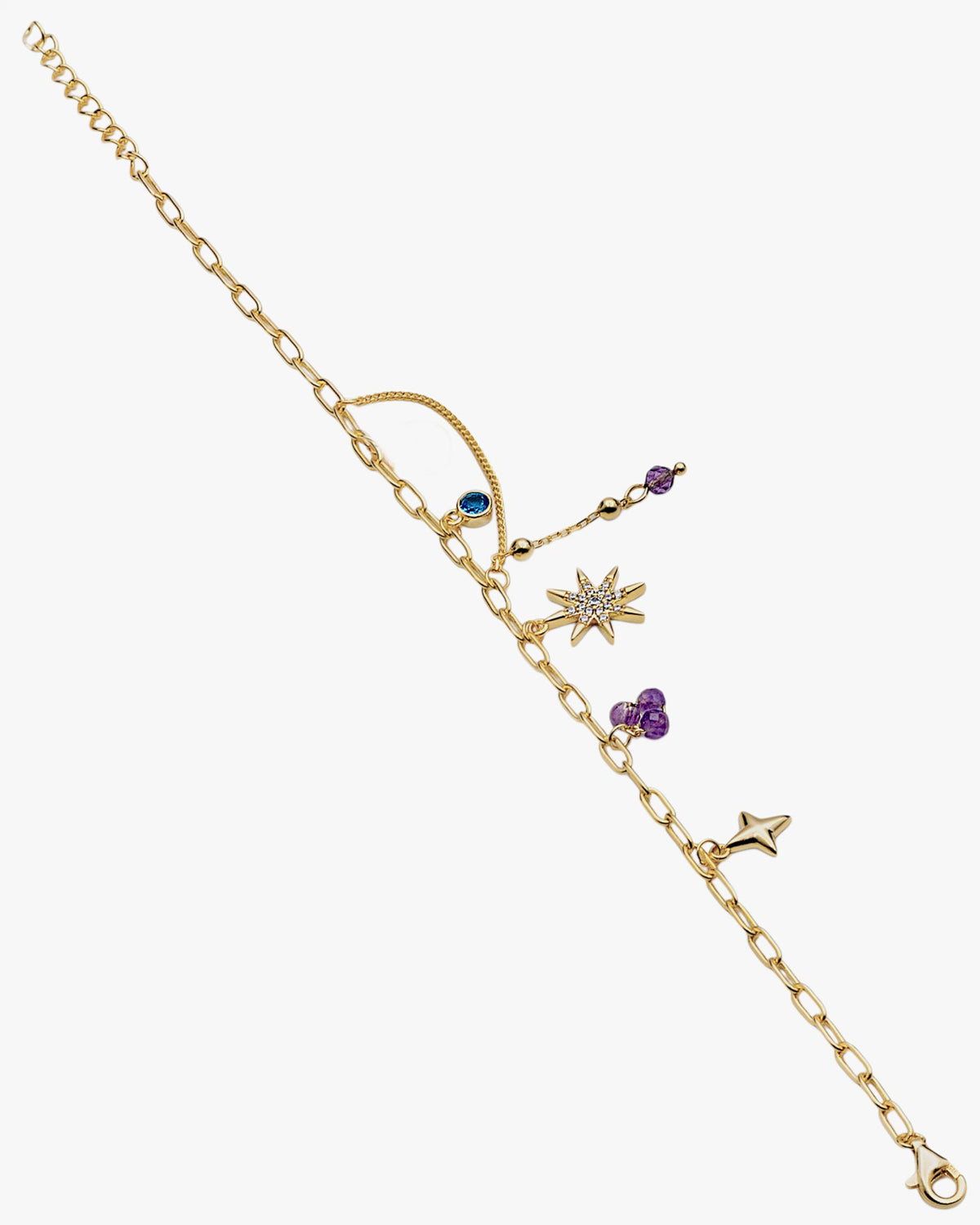 Gilded 925 sterling silver North Star bracelet with lilac stone charms and a blue detail