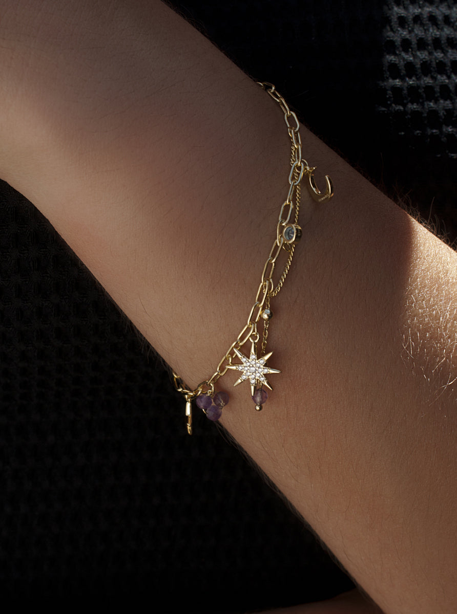 Gilded 925 sterling silver North Star bracelet with lilac stone charms and a blue detail