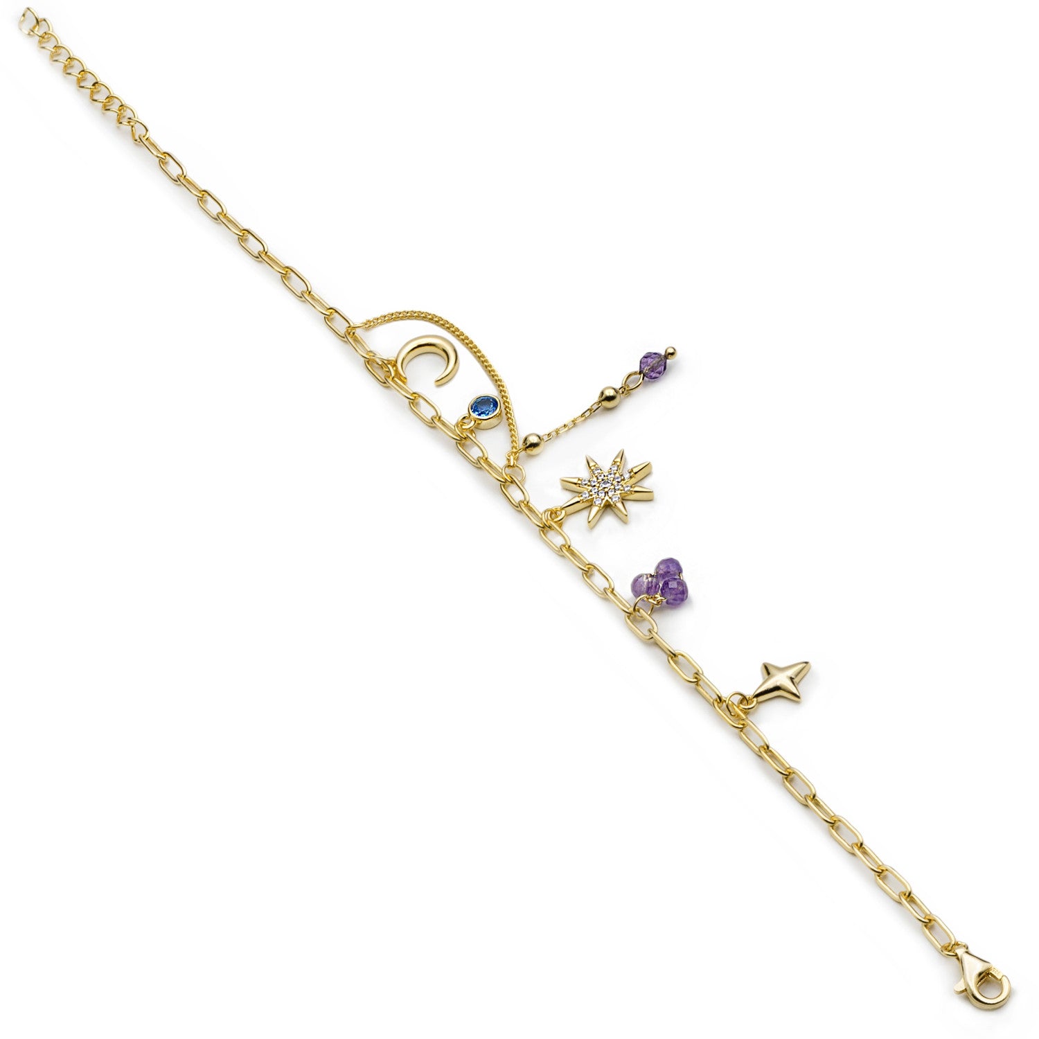 Pulsera de plata 925 dorada estrella polar con charms piedras lila y detalle azul