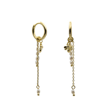 Pendientes aro de plata 925 dorada con abeja y perlas colgantes