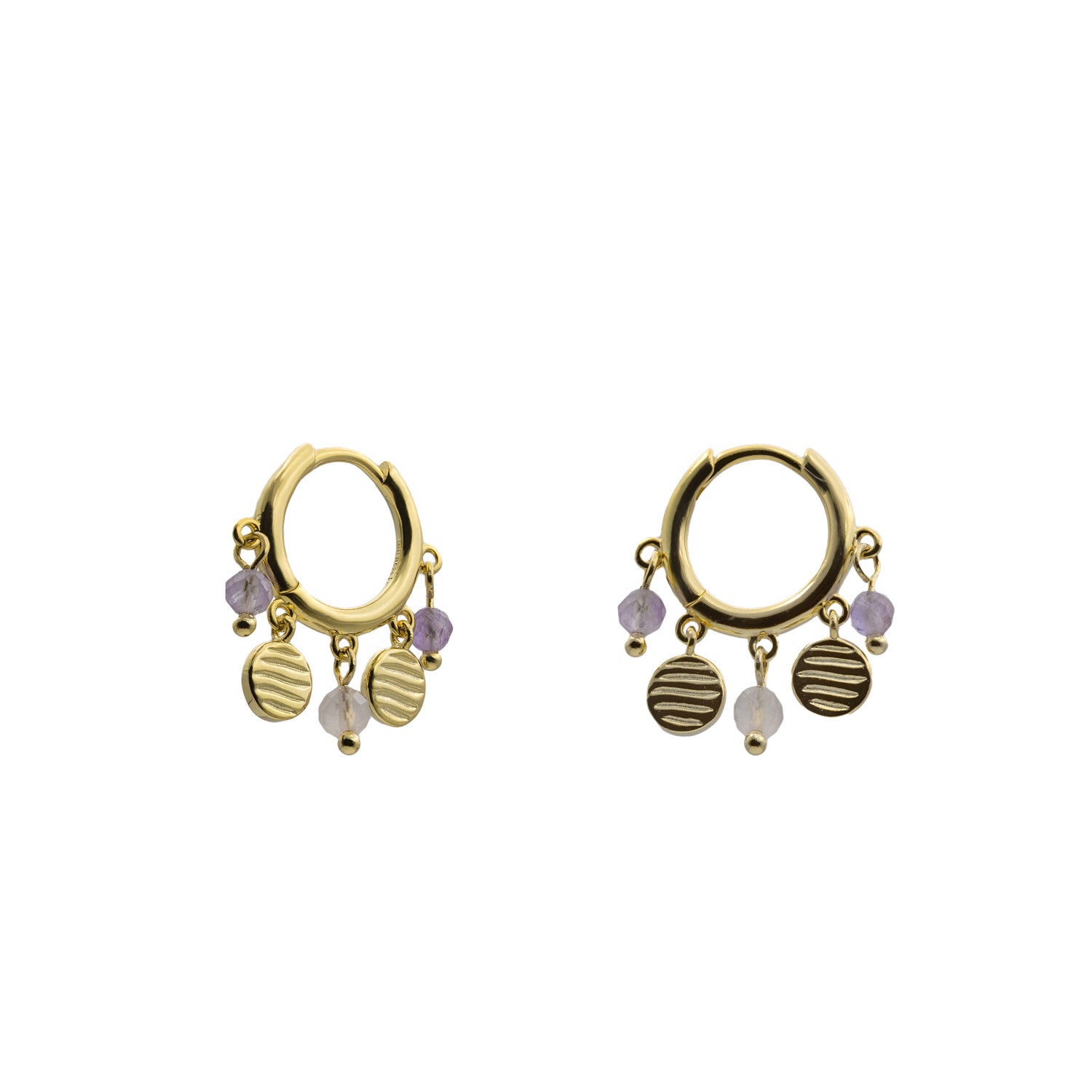 Pendientes aro de plata 925 dorada con charms y piedras lila