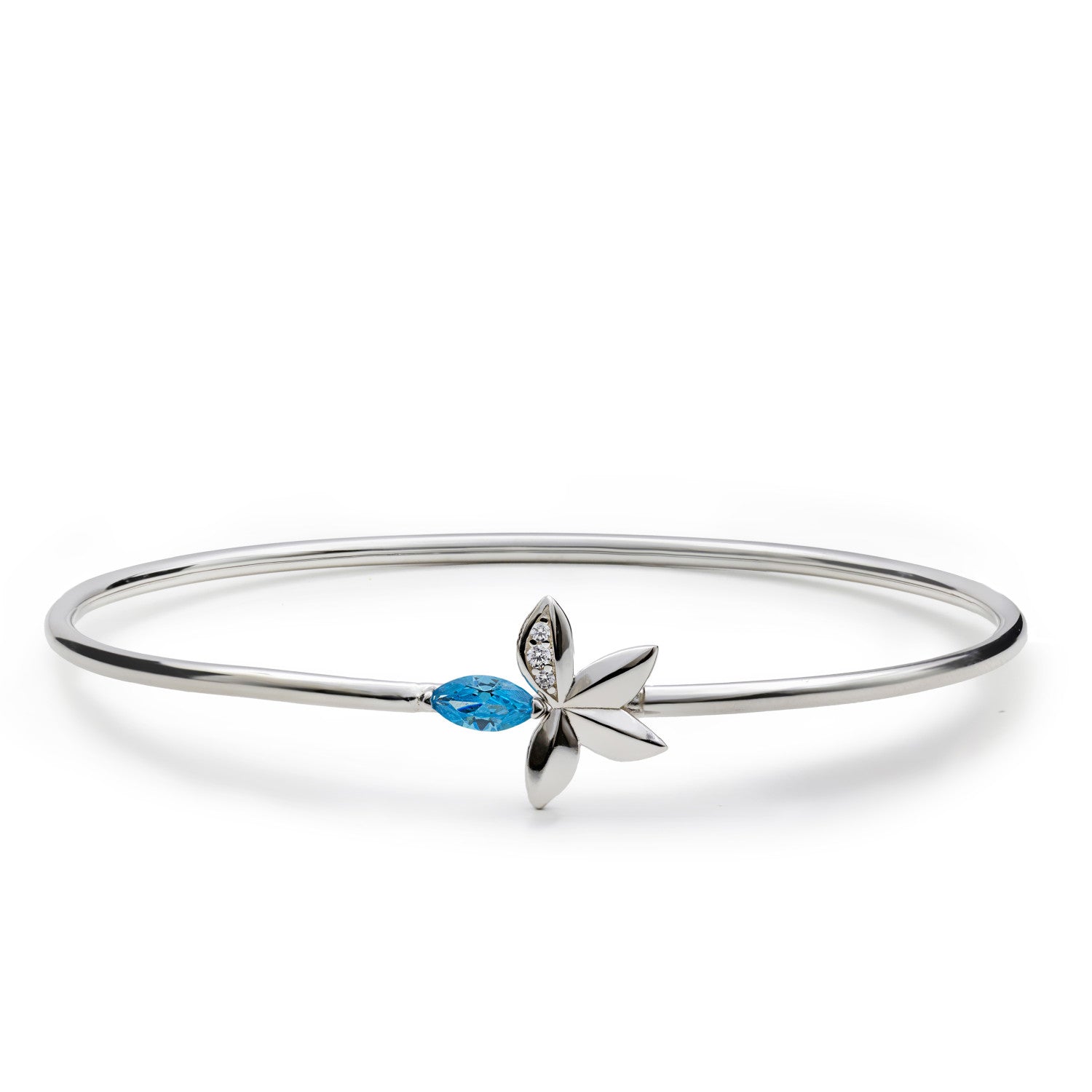 Pulsera rígida de plata 925 con hoja y piedra azul marquesa