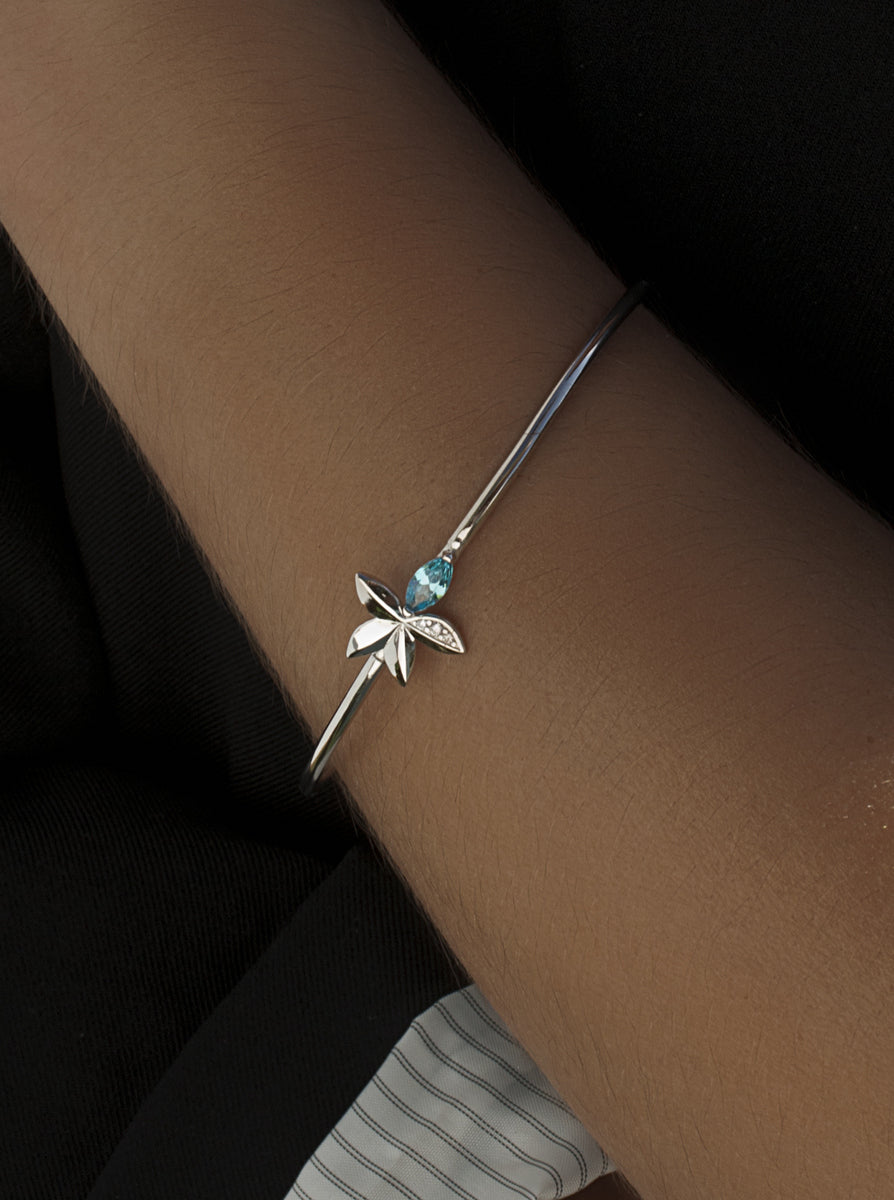 Pulsera rígida de plata 925 con hoja y piedra azul marquesa