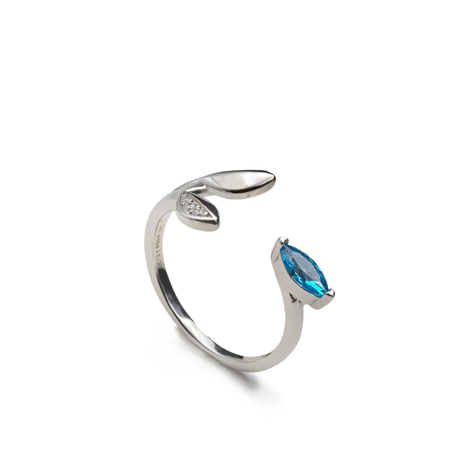 Anillo abierto de plata 925 con hoja y piedra azul marquesa