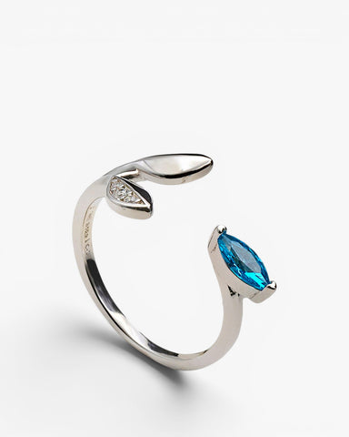 Anillo abierto de plata 925 con hoja y piedra azul marquesa