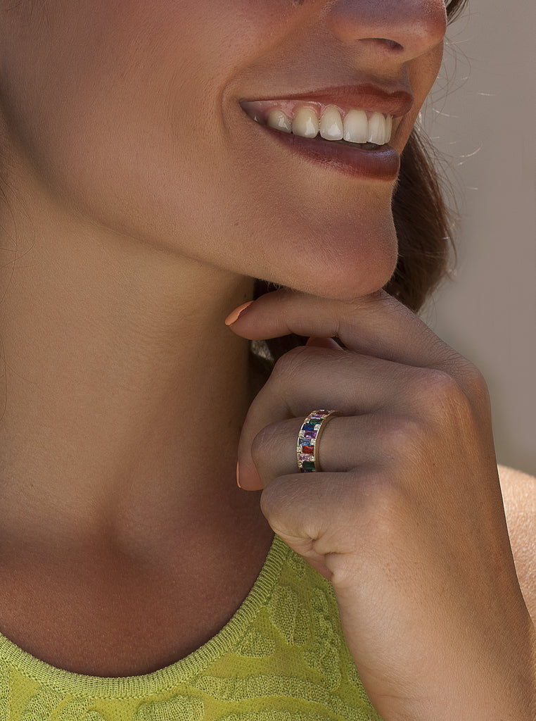 Anillo de plata multicolor con circonitas banda de colores