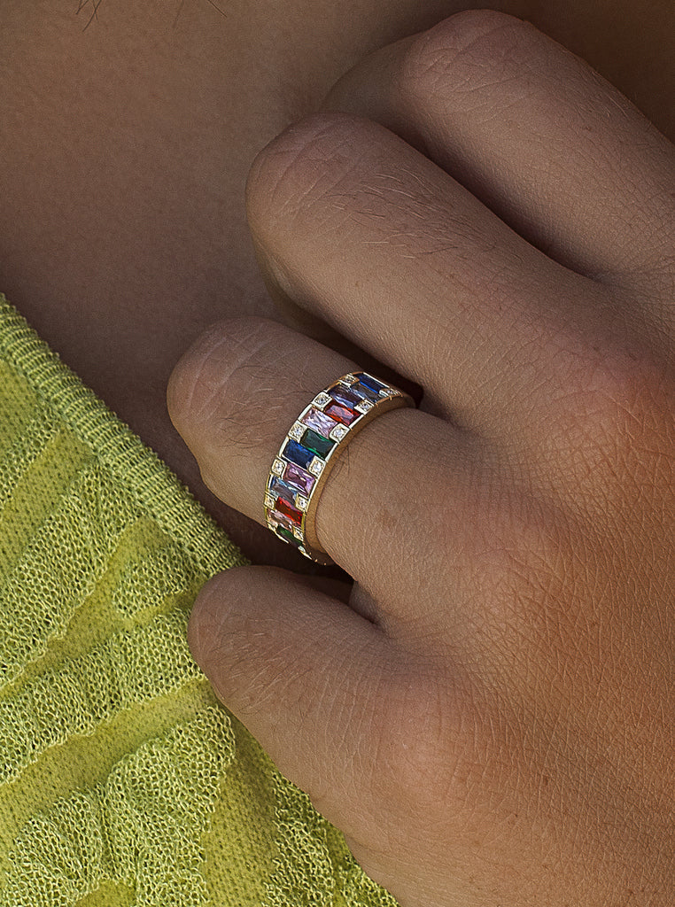Anillo de plata multicolor con circonitas banda de colores