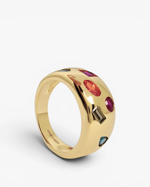 Wide 925 sterling silver gold-plated ring with colorful zircons