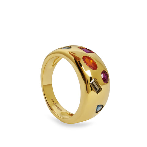 Anillo ancho de plata 925 bañado en oro con circonitas de colores