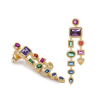 Pendientes largos prisma multicolor en plata de ley 925 con baño de oro