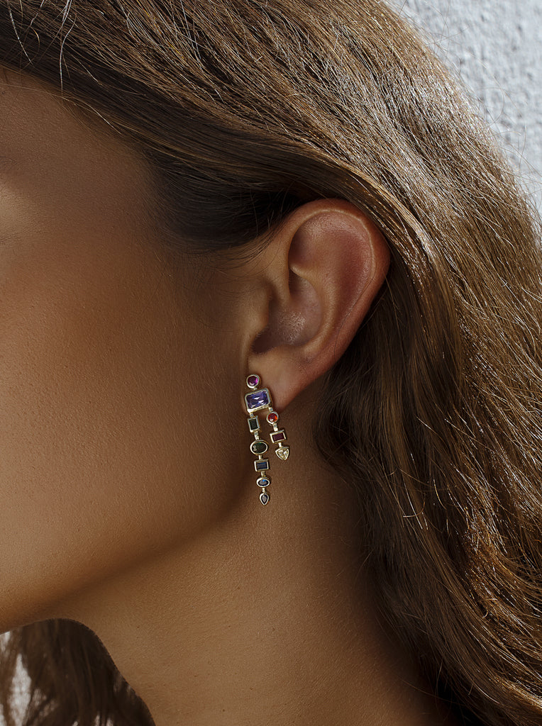 Pendientes largos prisma multicolor en plata de ley 925 con baño de oro